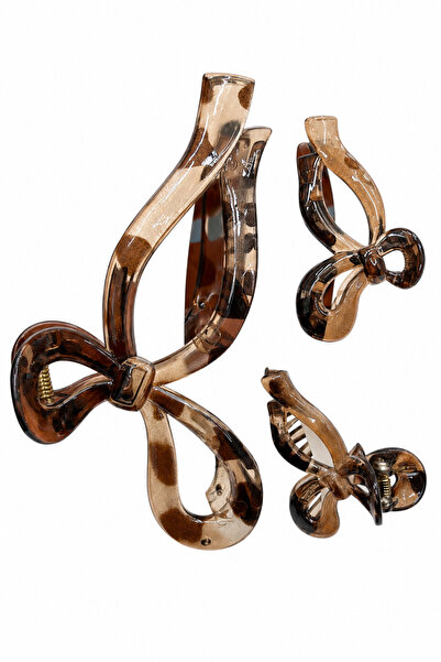 Jack Ferrero Bow Patterned Brown Transparent Large and Mini Size Hair Clip Se...