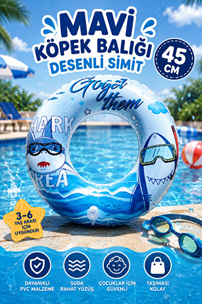hak-iş oyuncak MAVİ KÖPEK BALIĞI DESENLİ ŞİŞME SİMİT 45 CM