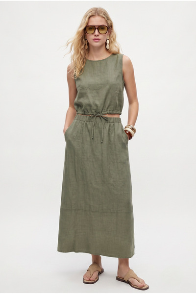 Ritnice Women's Toby Tie-Up Blouse Elastic Waist Lined Skirt Woven Khaki Bott...