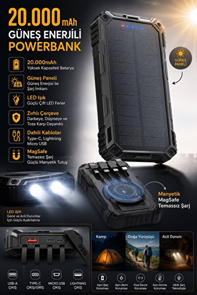 kawigo ZI900 20.000MAH SOLAR POWER BANK MAGSAFE TYPC LİGHTİNG MİCRO USB DAHİLİ KABLOLU LED IŞIK
