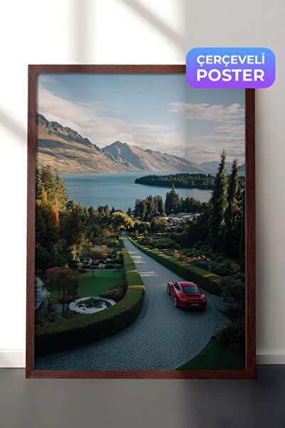 Postifull Plakat sa crvenim automobilom i planinskim pejzažom, plakat u smeđe...