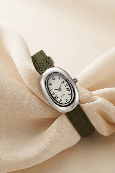 GANYMET Gessy Women's Wristwatch Khaki Green Leather Band Oval Silver Case Ro...