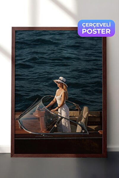 Postifull Woman and Boat Poster, Brown Framed Poster, Old Money Series, No:11...