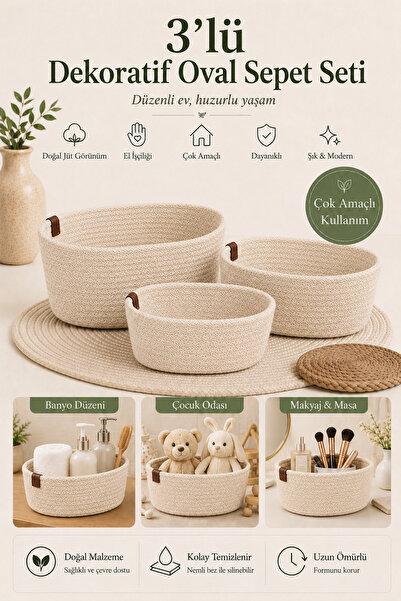 Fabrix Home 3-Piece Oval Decorative Cotton Basket Set Ecru Color Multi-Purpos...