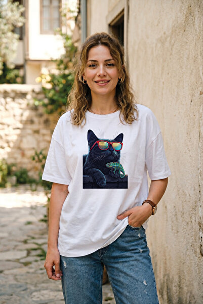 BAGAND Unisex Oversize Black Cat and Chameleon Printed White T-Shirt Cotton C...