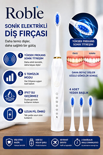 4 Başlıklı Şarjlı Sonik Elektrikli Diş Fırçası – 5 Temizlik Modu – USB Şarjlı – IPX7 Suya Dayanıklı (Beyaz)