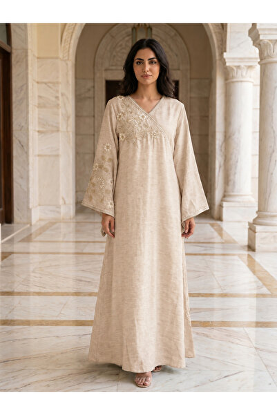 Finelook Floral Gold & Pearl Embroidered Jalabiya | Wrap-Style V-Neck Kaftan ...