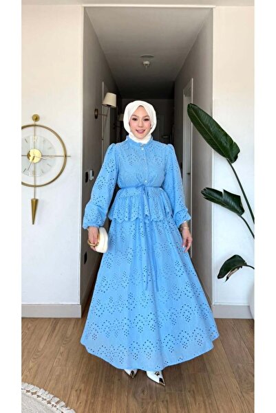 Moda Asrın Tesettür Takım Fisto Kumaş Astarlı Etek-Gömlek- Mavi