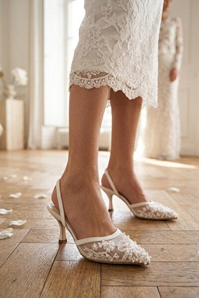 Solly Damla Wedding Dress Lace Heeled Evening Dress Slippers with Elastic Back
