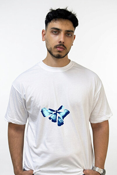 Anetos Tricou alb supradimensionat cu imprimeu Blue Butterfly Design