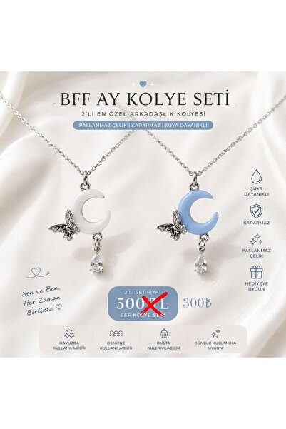 ipelia 2'li BFF Ay Kolye Seti | Paslanmaz Çelik | Kararmaz | Arkadaşlık Kolyesi