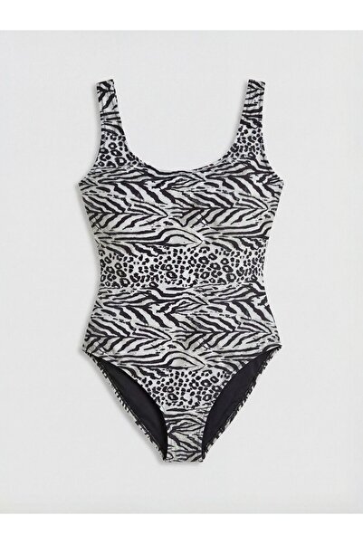 LC Waikiki Soulife Black U-Neck Zebra Patterned Women's Swimsuit