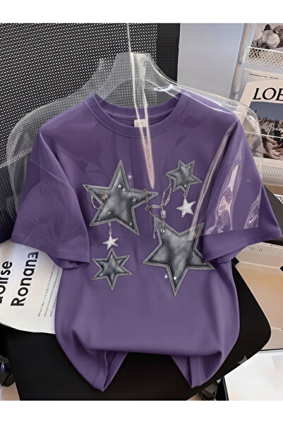 KOZAİ OUTDOORS Women's Oversize Crew Neck / Chain 4 Star Printed Combed Cotto...