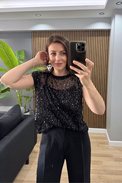 Banu Angay Sequined Padded Blouse with Undershirt Inside, Black