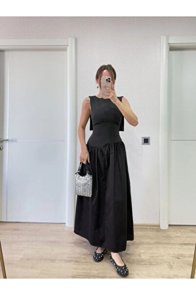 VELİZADE Crew Neck Sleeveless Cape Detailed Draped Crepe Long Flared Model Ev...