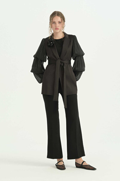 Nihan Satin Jacket with Sleeve Detail and Belt - Black