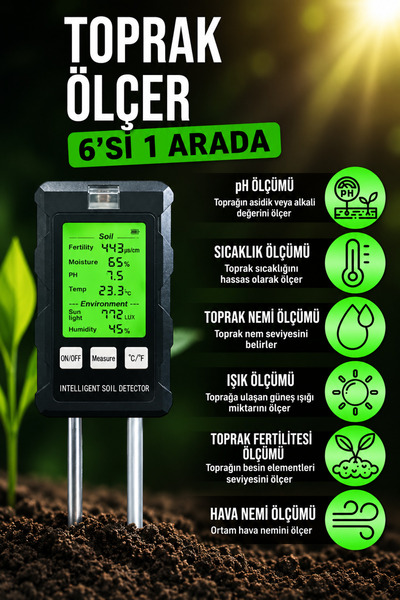 RoboPazar 6 in 1 Toprak pH Metre Nem Verimlilik Işık Şiddeti Ölçer 6 Parametr...