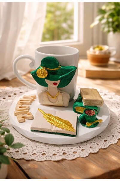 Dekor köşesi Handmade Figurine of a Woman in a Green Hat & Book-Themed Specia...