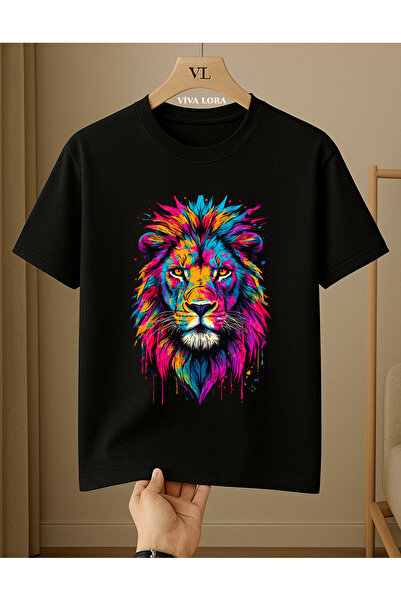 VİVA LORA Colorful Lion Printed Unisex 100% Cotton Crew Neck Regular T-Shirt