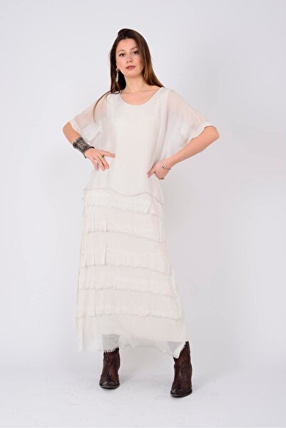 Hazinedan Women's Italian Half Sleeve Layered Long Beige Silk Dress