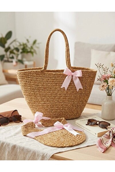 moonaccessory Kadın Kurdele - Fiyonk Hasır Çanta Seti