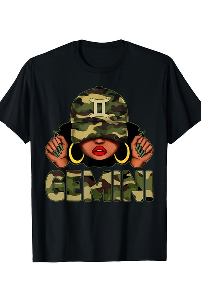 17 seramik Gemini Queen Camo Afro Zodiac T-Shirt, 100% Cotton Neck Tee, Casua...