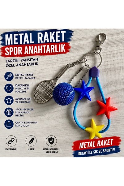 Dinç Spor Metal Racket Sports Keychain - 3D Printing Bag Ornament - Sports Themed Gift Keychain - Unisex