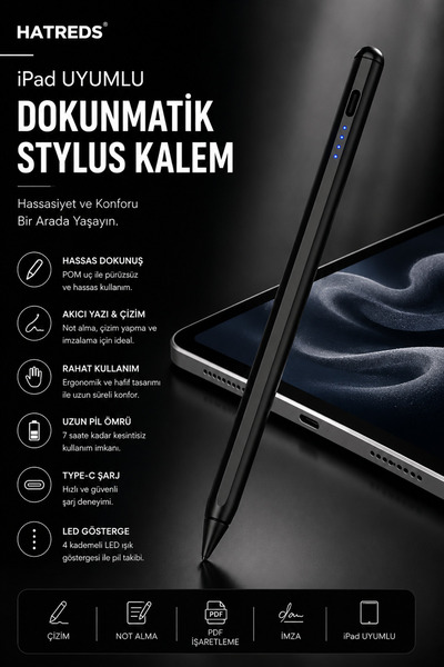 Hatreds iPad Uyumlu Type-C Şarjlı Dokunmatik Stylus Kalem POM Uçlu Hassas Çiz...