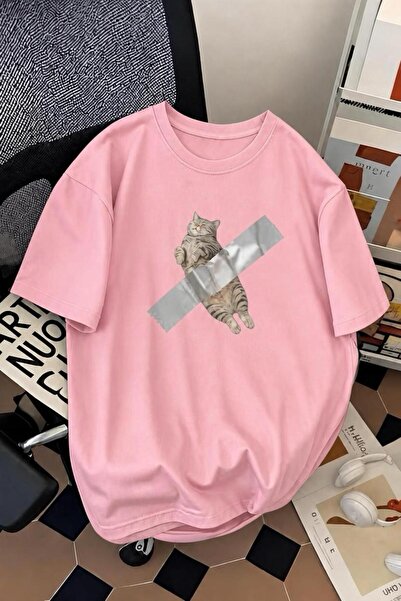 Oksit Pop Art Style "Taped Cat" Pattern Cotton Comfortable Unisex T-Shirt