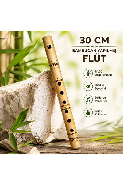 1DepoBu Bambu Flüt Doğal Ahşap Görünümlü Nefesli Müzik Aleti