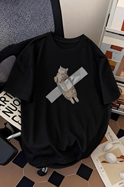 Oksit Pop Art Style "Taped Cat" Pattern Cotton Comfortable Unisex T-Shirt
