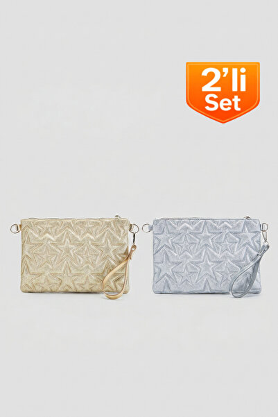 Belinabag 2'li Set Yıldız Dikişli Clutch Star Kadın Çanta Gold Ve Gümüş Simli...