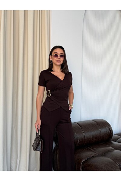 Elaxi Women's Buckled Double-Breasted Top and Striped Modal Pants Set