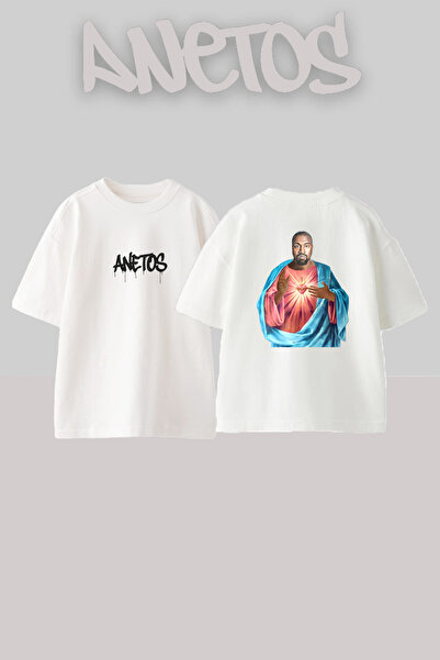 Anetos Λευκό μπλουζάκι με στάμπα Ye Jesus Design, Unisex, Oversize