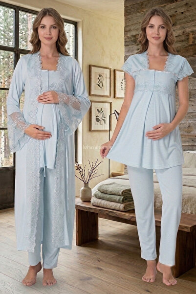 lohusahamile Princess Lace 100% Cotton Maternity Pajama Set with Dressing Gown