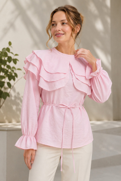 GLOW MUSE Katlı Bebe Yaka Kolu Lastikli Modal Bluz -Pudra
