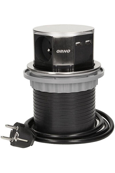 Orno Priză simplă cu 2 porturi USB-A și cablu de 1.5m, argintiu, Cod: OR-AE-1381