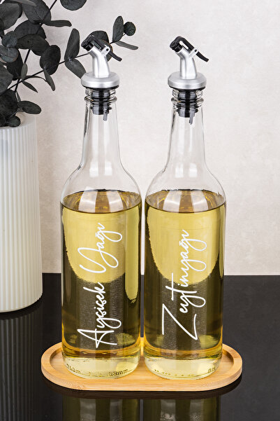 Dolkin Home İkili 750 ml Bambu Stantlı Beyaz Etiketli Ayçiçek Yağı ve Zeytiny...