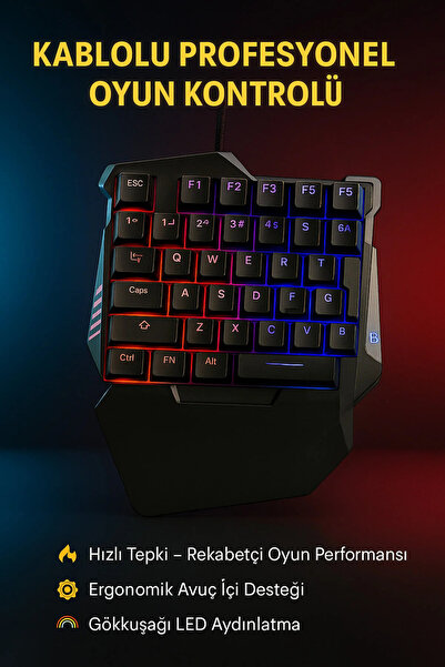 kruxon G7 Tek El Oyuncu Klavyesi 35 Tuşlu RGB LED Aydınlatmalı Ergonomik Gami...