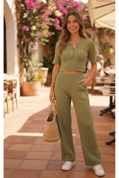 Chordi Summer Buttoned Collar Crop Blouse Trousers Ribbed Bottom Top Knitwear...