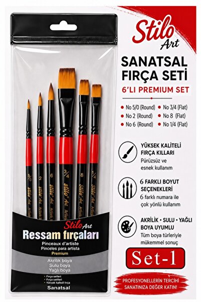 Artmaster Profesyonel Resim Fırça Seti 6 lı Yuvarlak ve Kesik Uçlu 1 Paket St...