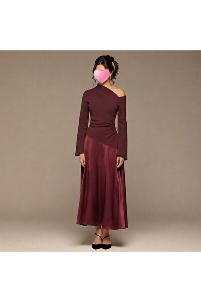 Kurtah Burgundy One Shoulder Midi Dress with Satin Skirt