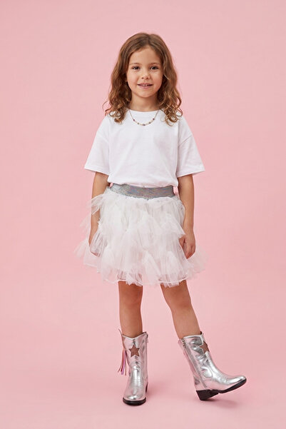 Le Mabelle Girl's Tulle Skirt with Ruffle Detail on White - Mildred