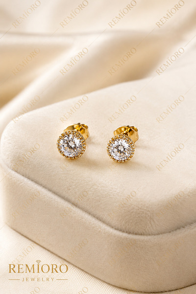 REMIORO Cercei dama tip stud placati cu aur 14K, piatra zirconiu stralucitoar...