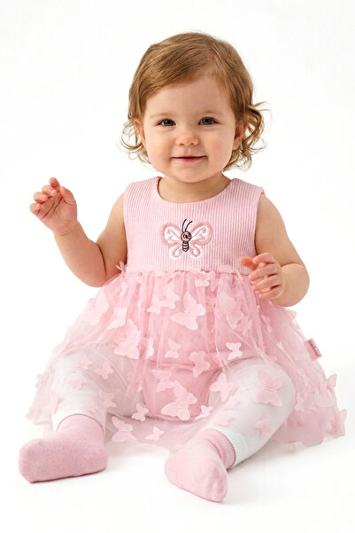 bebegen Baby Girl Pink Butterfly Embossed Tulle Bodysuit Dress