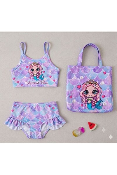 ARBİ kids Girl's Mermaid Vibes Purple Three-Piece Swimsuit with Bag