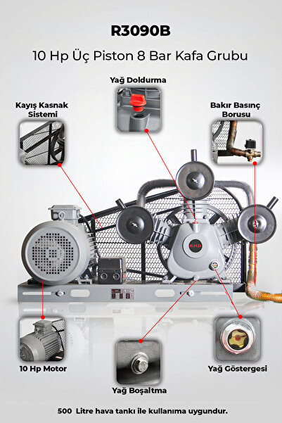 10 Hp Üç Piston 8 Bar Kafa Grubu - R3090B