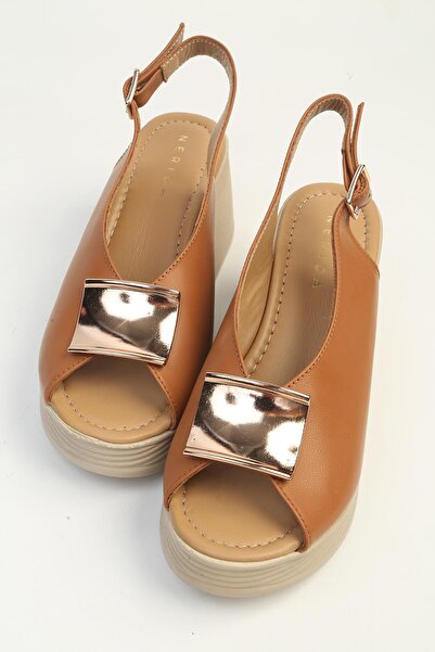 NERİDA Gold Buckle Tan Women's Wedge Heel Shoes