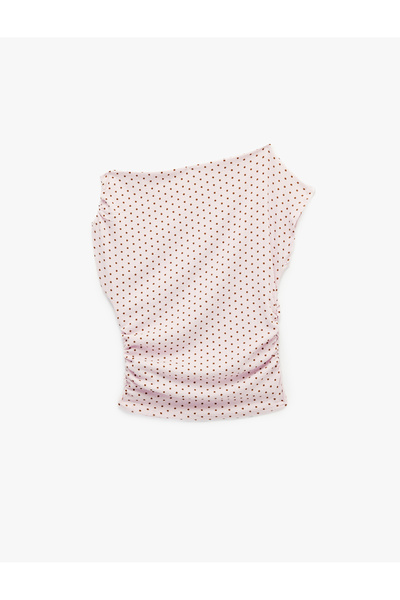 Koton Bürümcük Kumaş Asimetrik Yaka Kısa Kollu Drapeli Slim Fit Puantiyeli Bluz