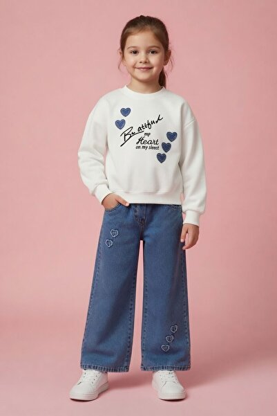 Cansın Mini Ecru Heart Embroidered Written Badili Jeans Trousers Girls' 2-Pie...